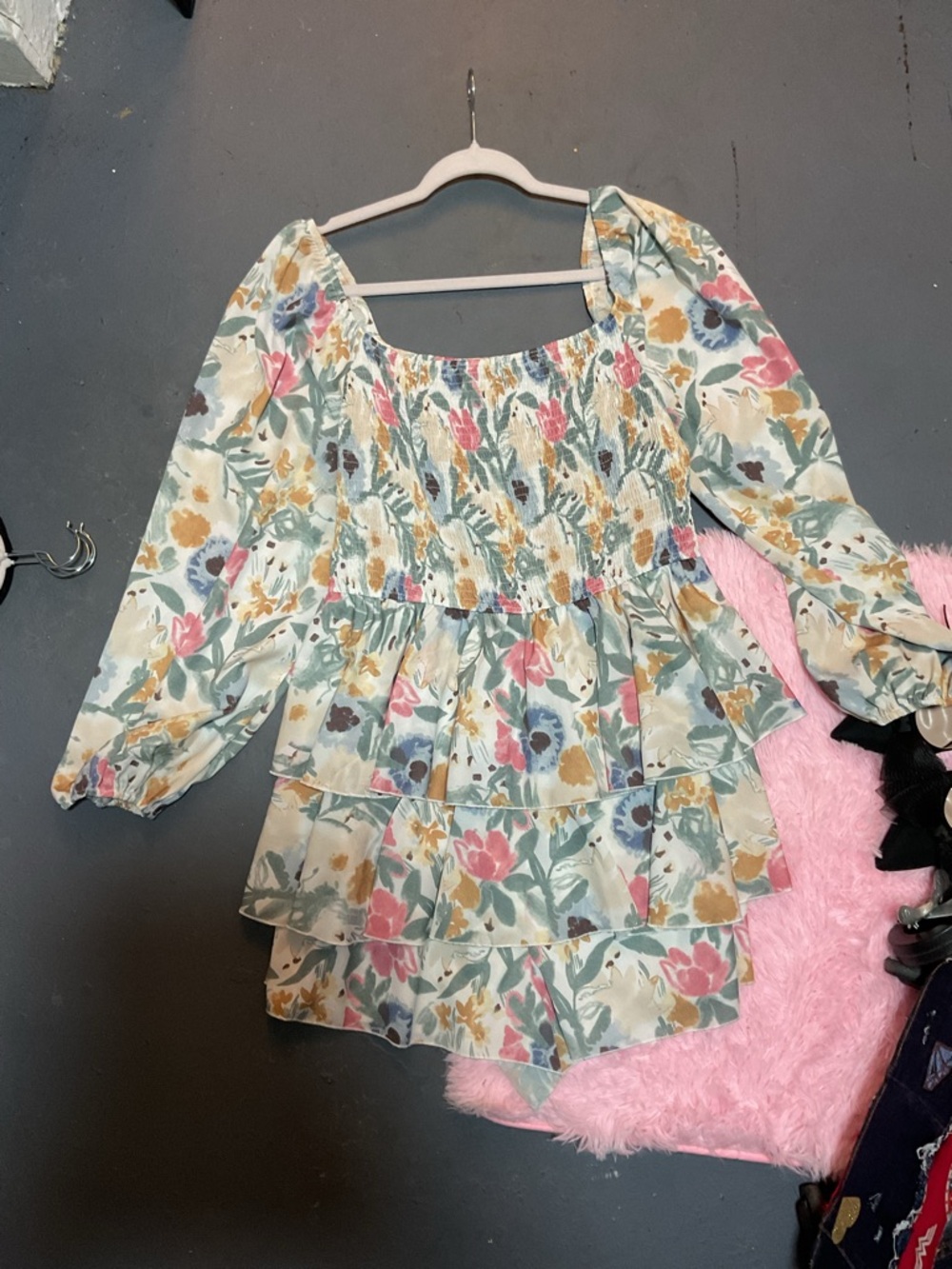 Simple Plus Multicolor Pastel Floral Smocked Peasant Top